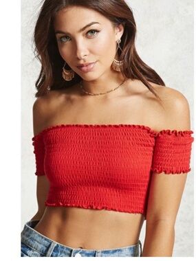 Forever 21 Mint Green Smocked Crop Off The Shoulder Bardot Summer Top 2X Lettuce